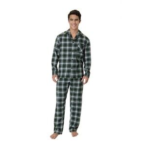 2-Piece HANES Men's Flannel Plaid Pajama Sleep Set PJ's L/S Size Large NEW Green